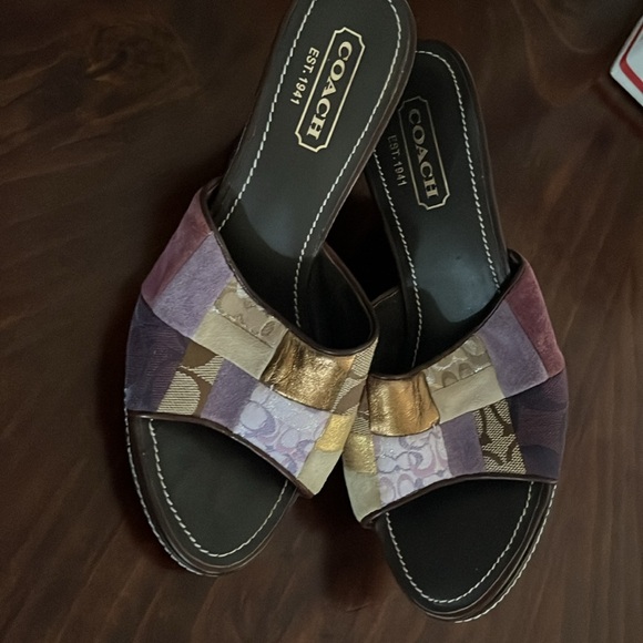 Coach patchwork wedge sandals in purples, creams and brown.  7M - Picture 3 of 8